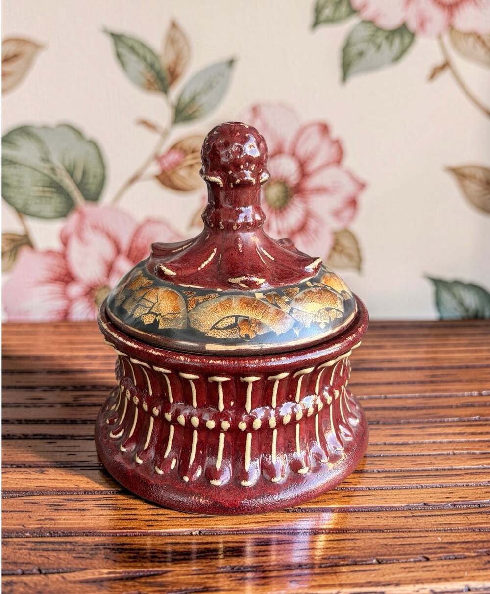 Vintage Large Burgundy Ceramic Lidded Urn Canister Old World Ornate Decor 10"